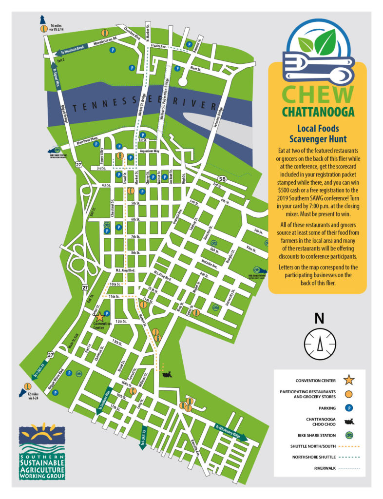 Map of downtown Chattanooga highlighting businesses serving locally grown foods.